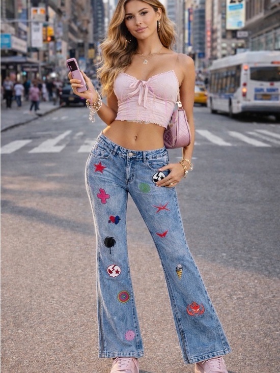 VEES Denim - VEES Y2K Patchwork Flare Jeans Side Zipper Bell Bottom High Rise Festival